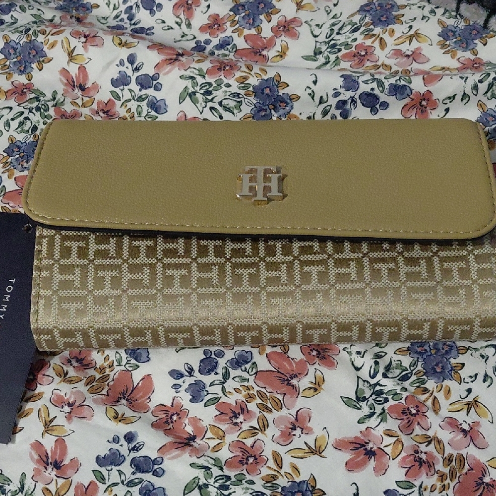 Tommy Hilfiger Beige Logo Jacquard Trifold Wallet with Gold Hardware